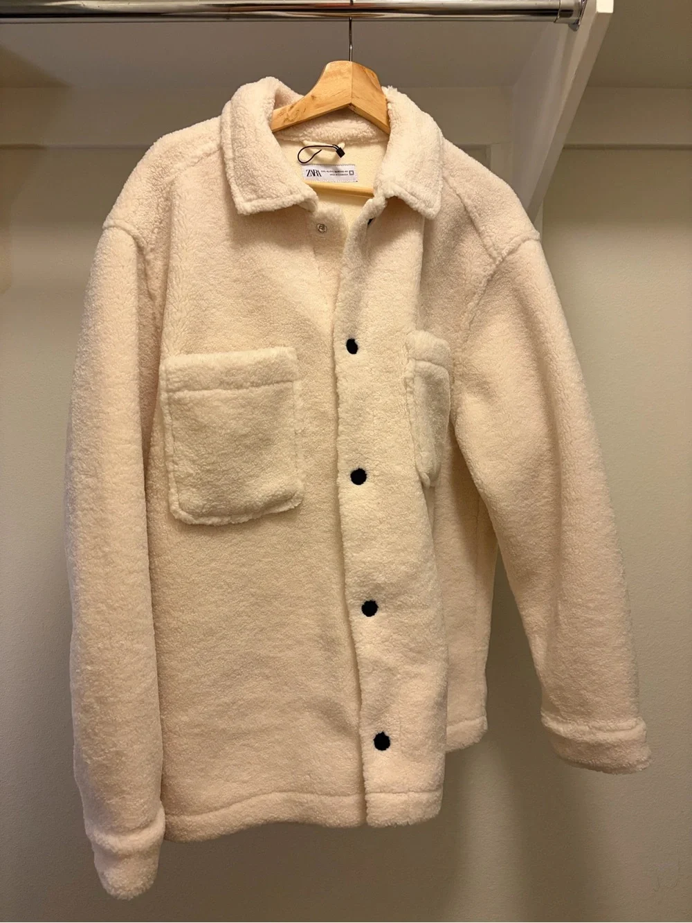 Zara Double Pocket Cream Sherpa Shirt Jacket